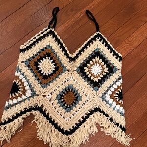 Elan Crochet Fringe Camisole in Cream, Black, Brown & Blue